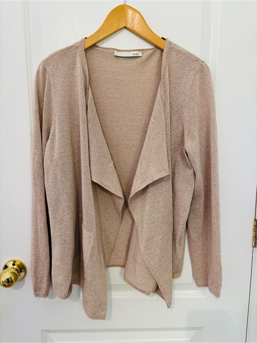 OUI Metallic Draped Open Front Cardigan Beige Rose Gold Size US 12